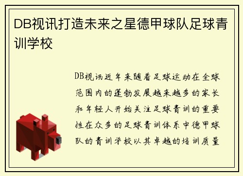 DB视讯打造未来之星德甲球队足球青训学校