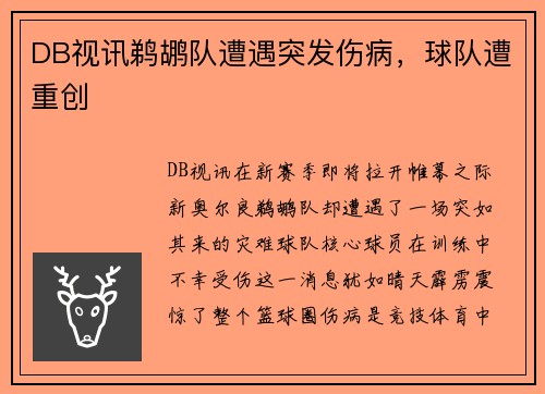 DB视讯鹈鹕队遭遇突发伤病，球队遭重创