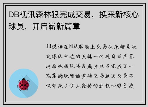 DB视讯森林狼完成交易，换来新核心球员，开启崭新篇章